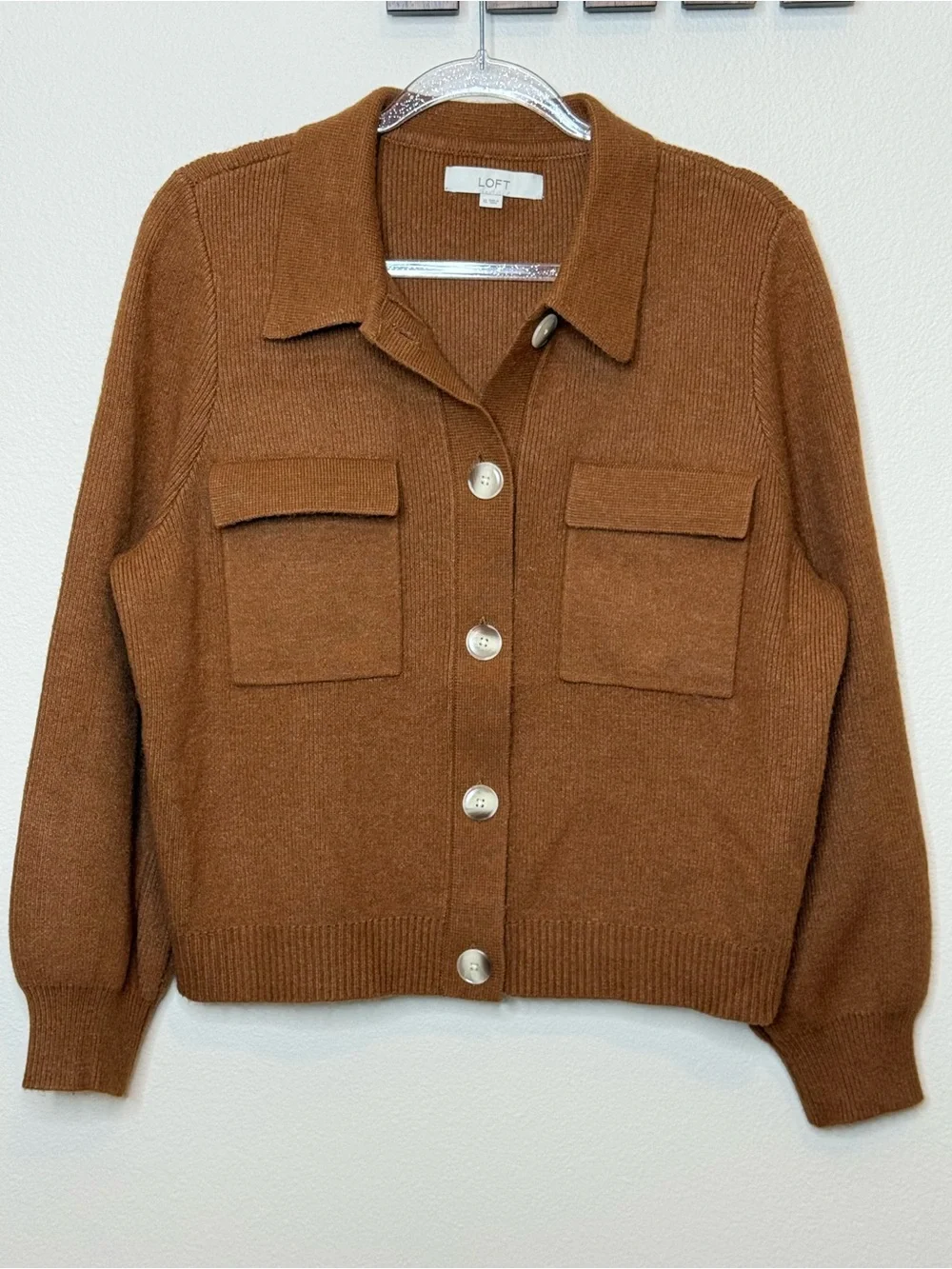 LOFT Chunky Ribbed Knit Collared Rust Button-Front Pocket Cardigan size XL